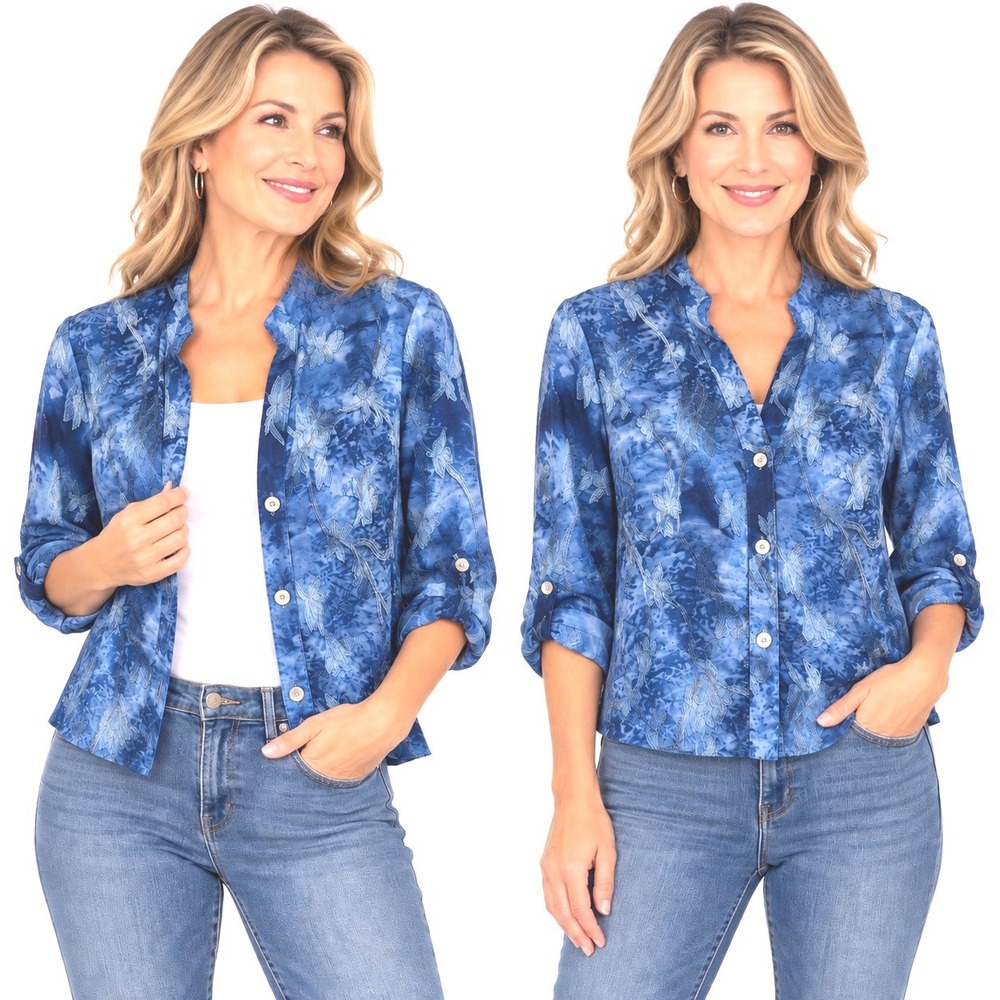 Ruby Rd Petite Blue Floral Embroidered Roll Tab Button Front Blouse Size 6P
